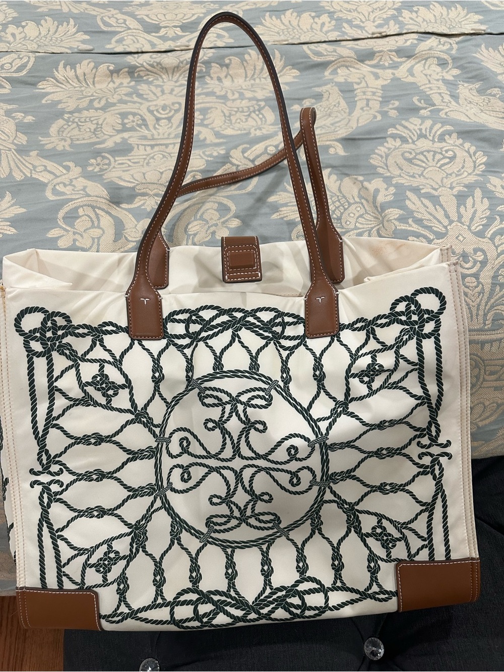 Tory Burch Cream Canvas Tote with Dark Green Rope Motif and Brown Leather Trim